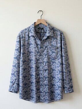 Intimo 100% Silk Button Down Shirt Men's L Blue Gray Geometric Print Lounge Paja